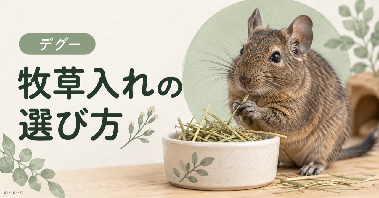 デグーとデグーの牧草入れの選び方を表すAIイメージ