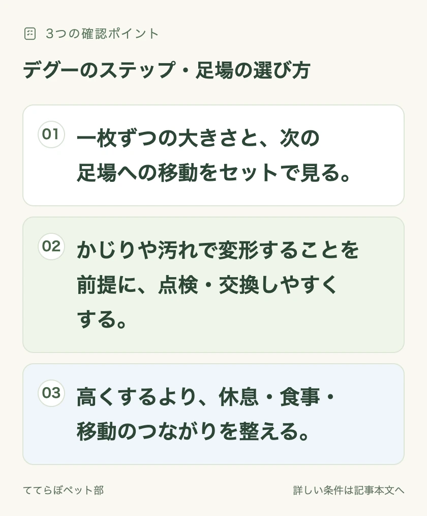 デグーのステップ・足場の選び方の確認ポイント：一枚ずつの大きさと、次の足場への移動をセットで見る。 かじりや汚れで変形することを前提に、点検・交換しやすくする。 高くするより、休息・食事・移動のつながりを整える。